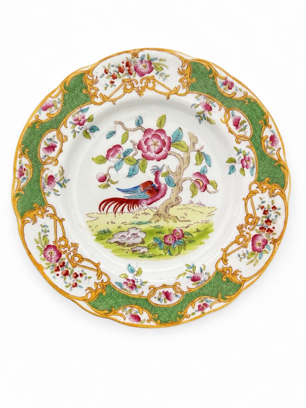 Vintage Coalport England Hand-Painted Bird Plate Green and Gold Scalloped Edge